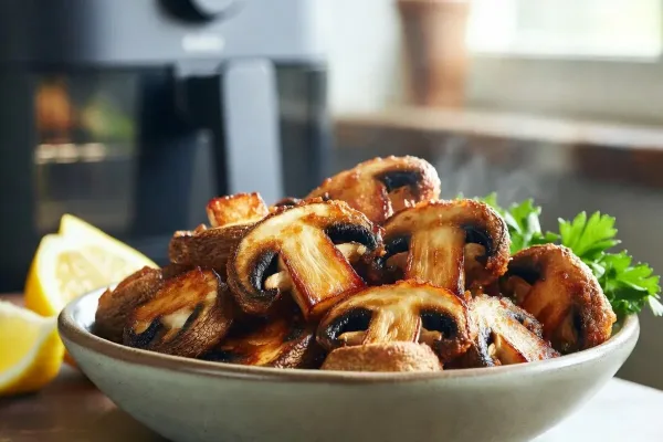 Golden air-fried cremini mushrooms with lemon and parsley