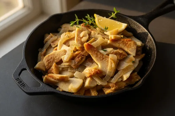 Golden pan-cooked chicken of the woods pieces with thyme and lemon in a cast-iron skillet