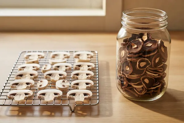 Thin mushroom slices arranged in a single layer on a wire drying rack beside a jar of finished dried mushrooms