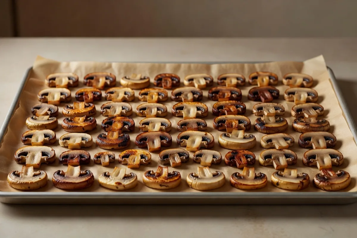 Browned sautéed mushroom slices spread in a single layer on a parchment-lined tray, cooled and ready to freeze