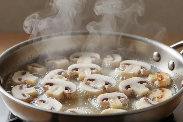 Frozen mushroom pieces cooking in a hot skillet with steam rising as the ice water evaporates