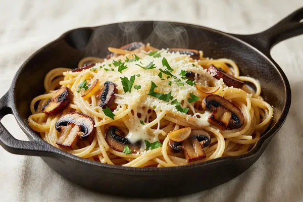 Spaghetti tossed with browned cremini mushrooms, garlic, and parsley in a skillet