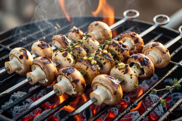 Garlic-herb cremini and white button mushroom skewers with grill marks over glowing coals