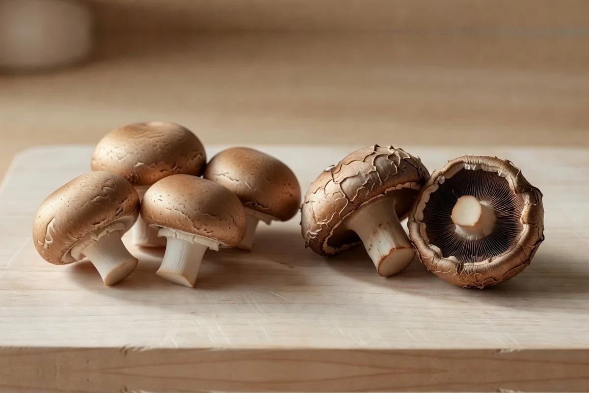 Four firm cremini mushrooms on a wooden board beside two older ones with cracked darkened caps, one turned over showing dark open gills