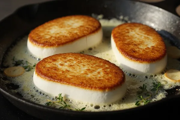 Golden seared giant puffball slabs with thyme and garlic in a cast-iron skillet