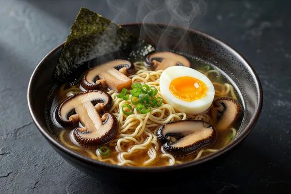 Bowl of shiitake mushroom ramen with seared shiitake caps, soft egg, scallions, and nori