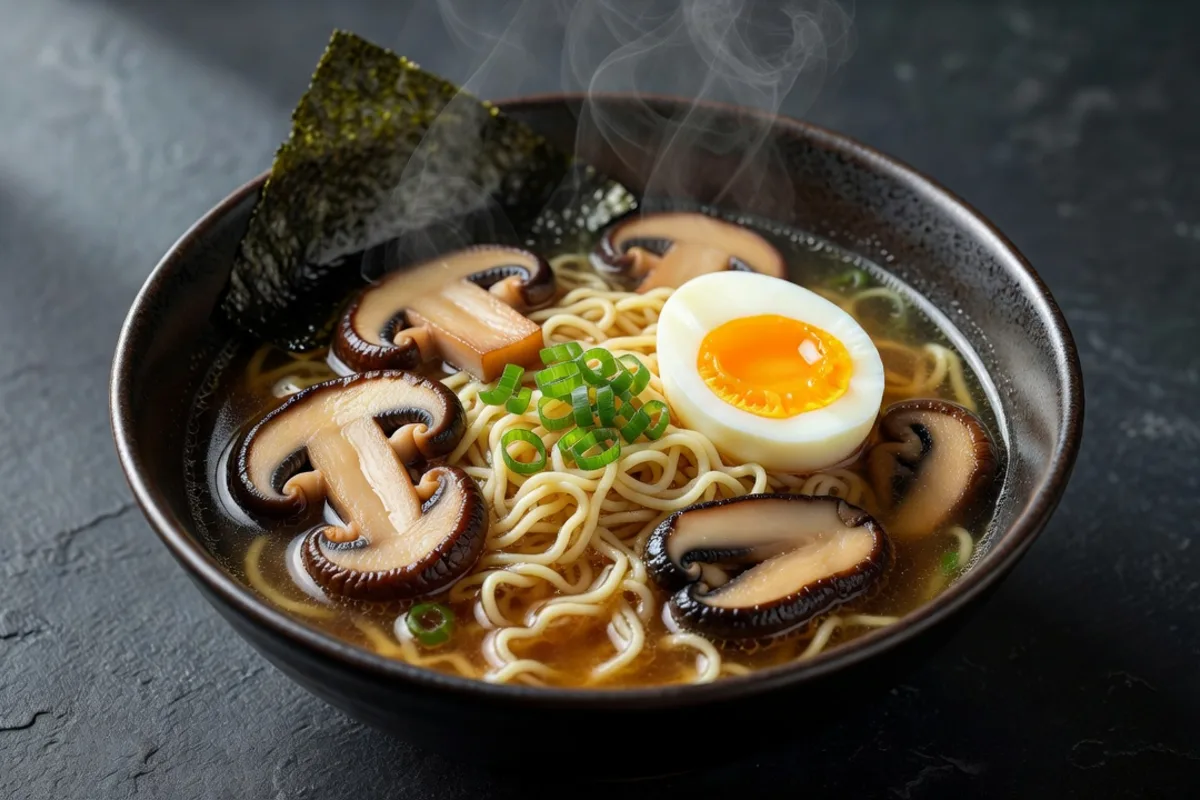 Bowl of shiitake mushroom ramen with seared shiitake caps, soft egg, scallions, and nori