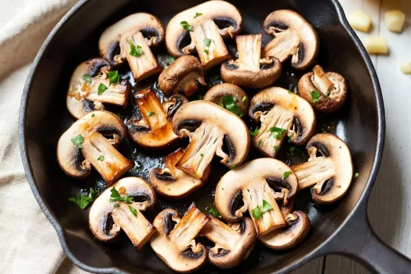Golden-brown garlic-butter cremini and white button mushrooms in a cast-iron skillet with parsley