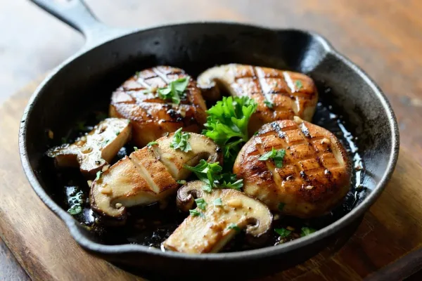 Seared king oyster mushroom medallions with garlic butter in a cast-iron skillet