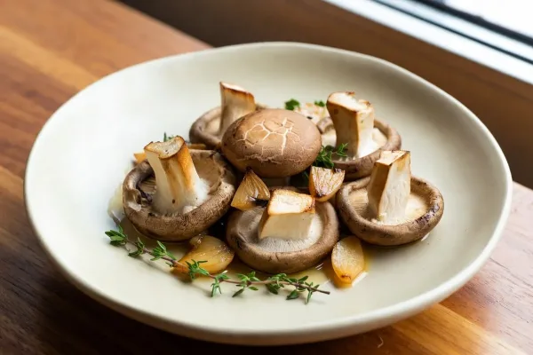 Seared shiitake mushrooms with garlic and thyme on a ceramic plate